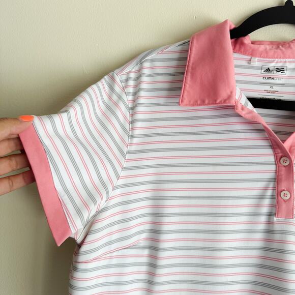 Adidas White + Pink Striped Short Sleeve Golf Polo Tee - XL - Picture 2 of 6
